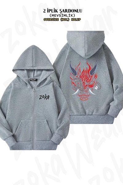 ZOKAWEAR Cyberpunk Samurai 2077 Oni Pattern - Γκρι ζακέτα με φερμουάρ και κουκούλα (2 νήματα)
