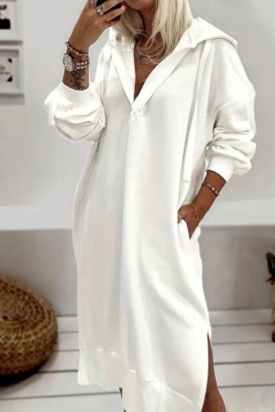 Mossta Λευκό Modal φόρεμα - Κουκούλα και ανοιχτός λαιμός