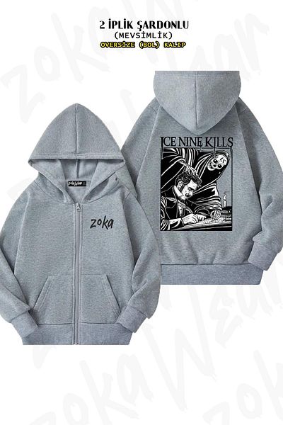 ZOKAWEAR Ice Nine Kills Oversize Grey Cardigan - Πίσω στάμπα με φερμουάρ και κουκούλα (2 κλωστές)