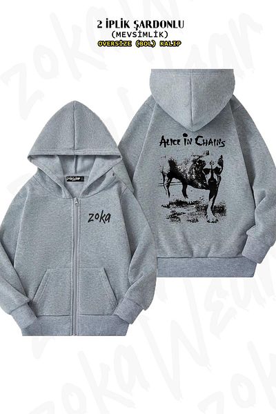 ZOKAWEAR Oversize Alice In Chains 4 Back Printed με φερμουάρ και κουκούλα γκρι ζακέτα (2 κλωστές)
