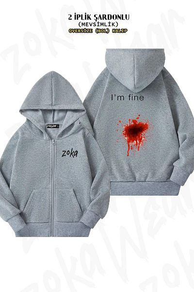 ZOKAWEAR I'm Fine Back Printed - Γκρι ζακέτα με κουκούλα με φερμουάρ (2 κλωστές)