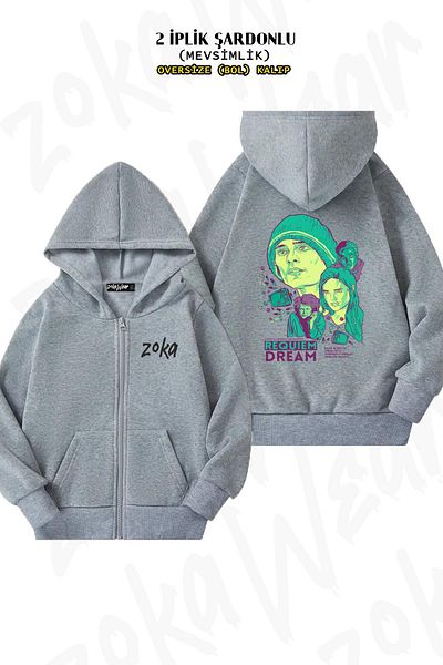 ZOKAWEAR Requiem For A Dream Back Printed - Γκρι ζακέτα με κουκούλα με φερμουάρ (2 κλωστές)