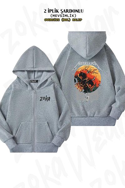 ZOKAWEAR Υπερμεγέθη metallica πίσω στάμπα με φερμουάρ και κουκούλα γκρι ζακέτα (2 κλωστές)
