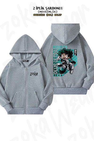 ZOKAWEAR My Hero Academia Izuku Midoriya Plus - Γκρι υπερμεγέθη ζακέτα, στάμπα στην πλάτη, φερμουάρ, κουκούλα (2 κλωστές)