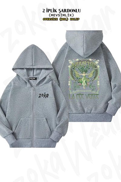 ZOKAWEAR Absinth Back Printed - Γκρι ζακέτα με κουκούλα με φερμουάρ (2 κλωστές)
