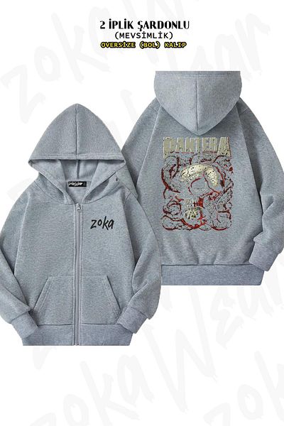 ZOKAWEAR Oversize Pantera Skull Back Printed με φερμουάρ και κουκούλα γκρι ζακέτα (2 κλωστές)