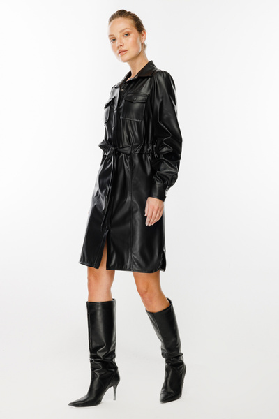 Ekol Beli Kuşaklı Deri Elbise