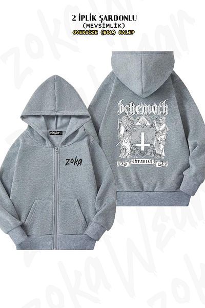 ZOKAWEAR Behemoth Selling Back Printed - Γκρι ζακέτα με κουκούλα με φερμουάρ (2 κλωστές)