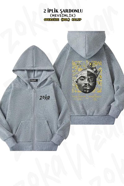 ZOKAWEAR Biggie Smalls Tupac Shakur Print - Γκρι ζακέτα με φερμουάρ και κουκούλα (2 κλωστές)
