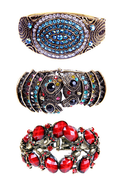 Rouge Renkli Taşlı Kelepçe Bilezik Paketi