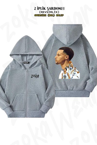 ZOKAWEAR Stephen Curry Basketball Back Printed Oversize Grey Cardigan - Φερμουάρ και κουκούλα (2 κλωστές)