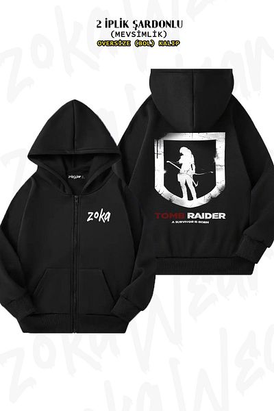 ZOKAWEAR Tomb Raider 2 Back Printed Oversize Μαύρη ζακέτα - με φερμουάρ και κουκούλα (2 κλωστές)
