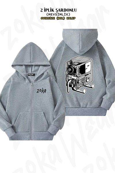 ZOKAWEAR Adventure Time Inspired Art - Oversize Bmo Grey Hooded Cardigan με στάμπα στην πλάτη, φερμουάρ (2 κλωστές)