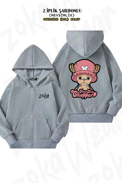 ZOKAWEAR Tony Tony Chopper Print - Grey Oversize Cardigan with Zipper and Hood (2 Thread)