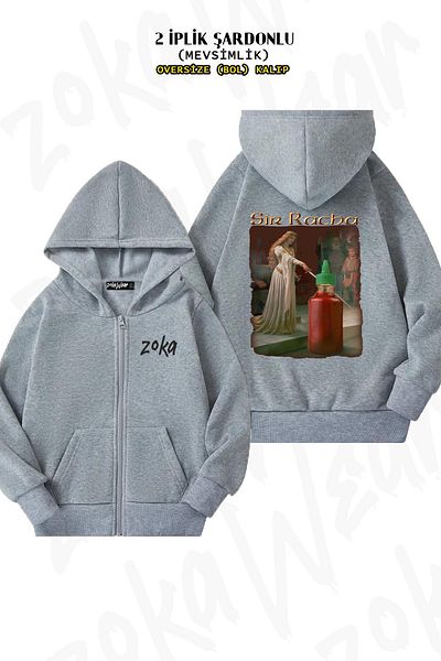 ZOKAWEAR Sir Racha Sriracha Sauce Oversize Grey Cardigan - Πίσω στάμπα, φερμουάρ, κουκούλα (2 κλωστές)