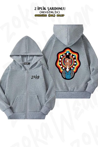 ZOKAWEAR Oversize Bojack Horseman v2 Back Printed με φερμουάρ και κουκούλα γκρι ζακέτα (2 κλωστές)