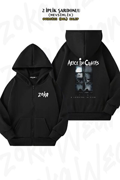 ZOKAWEAR Μαύρη ζακέτα Alice In Chains - Φερμουάρ, κουκούλα, προσαρμοσμένη στάμπα στην πλάτη (2 κλωστές)