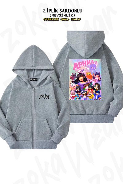 ZOKAWEAR Aphmau Oversize Grey Cardigan - Art Printed, με φερμουάρ και κουκούλα (2 κλωστές)