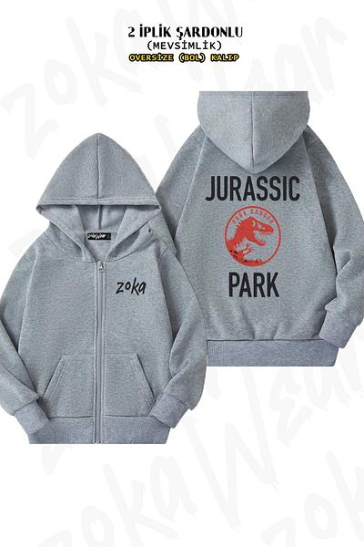 ZOKAWEAR Ζακέτα Jurassic Park Vintage Grey - Oversize, στάμπα στην πλάτη, φερμουάρ και κουκούλα (2 κλωστές)