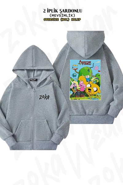 ZOKAWEAR Oversize Adventure Time Back Printed με φερμουάρ και κουκούλα γκρι ζακέτα (2 κλωστές)