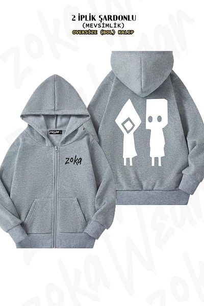 ZOKAWEAR Little Nightmares Oversize Grey Cardigan - Πίσω στάμπα, με φερμουάρ, κουκούλα (2 κλωστές)
