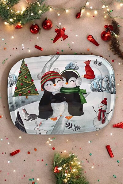 Dore Voir صينية معدنية صغيرة بنمط البطريق - 30 سم × 23.5 سم / موضوع رأس السنة