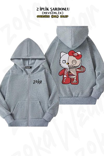 ZOKAWEAR Hello Kity Grey Oversize Ζακέτα - Πίσω στάμπα, κουκούλα με φερμουάρ (2 κλωστές)