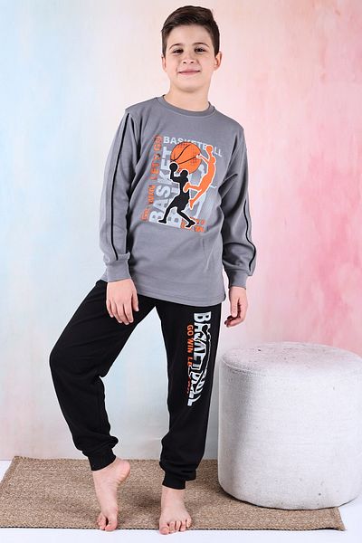 KAPİKİDS Men's Interlock Pajamas Set with Long Sleeve Crew Neck Anthracite Color Basketball