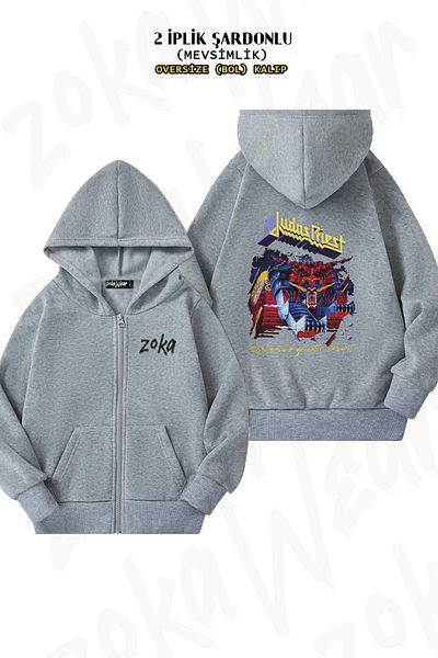 ZOKAWEAR Judas Priest2003 Oversize Grey Cardigan - Πίσω στάμπα, φερμουάρ και κουκούλα (2 κλωστές)