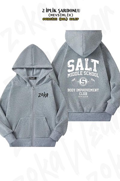 ZOKAWEAR Salt Middle School - Γκρι υπερμεγέθη ζακέτα με κουκούλα (2 κλωστές, τυπωμένη πλάτη, φερμουάρ)
