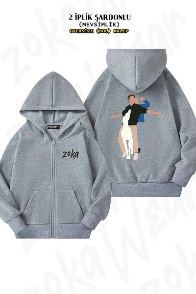 ZOKAWEAR Chandler and Joey Back Print - Γκρι ζακέτα με κουκούλα με φερμουάρ (2 κλωστές)