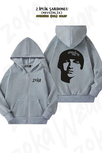 ZOKAWEAR Eminem v4 Back Printed - Γκρι ζακέτα με κουκούλα με φερμουάρ (2 κλωστές)