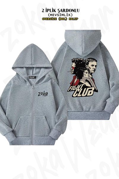 ZOKAWEAR Oversize Fight Club (tyler Durden) v2 Γκρι ζακέτα με φερμουάρ στην πλάτη (2 κλωστές)