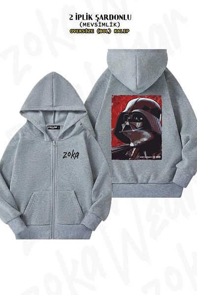 ZOKAWEAR Star Wars 3 Back Printed - Γκρι υπερμεγέθη ζακέτα με φερμουάρ και κουκούλα (2 κλωστές)