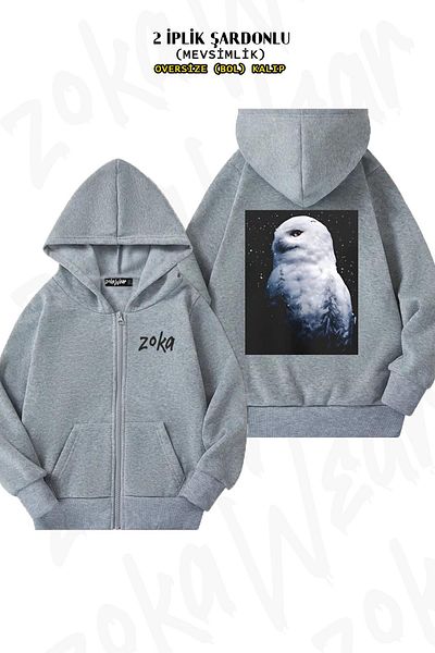 ZOKAWEAR Oversize Owl v5 Back Printed με φερμουάρ και κουκούλα γκρι ζακέτα (2 κλωστές)