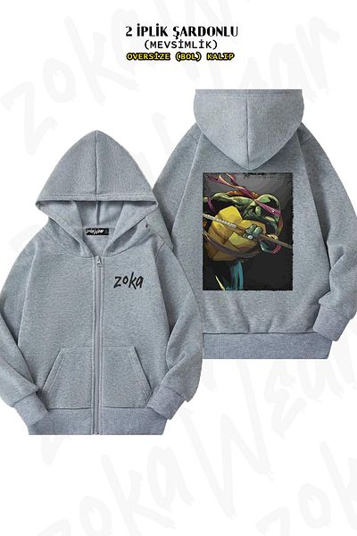 ZOKAWEAR Teenage Mutant Ninja Turtles v5 Back Printed - Γκρι ζακέτα με κουκούλα με φερμουάρ (2 κλωστές)