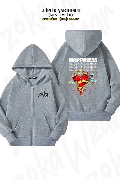 ZOKAWEAR Προσαρμοσμένη στάμπα στην πλάτη - Γκρι ζακέτα με κουκούλα με φερμουάρ (2 κλωστές)