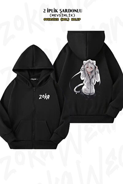 ZOKAWEAR سترة سوداء بغطاء للرأس بطبعة خلفية للفتيات من الرسوم المتحركة كبيرة ...