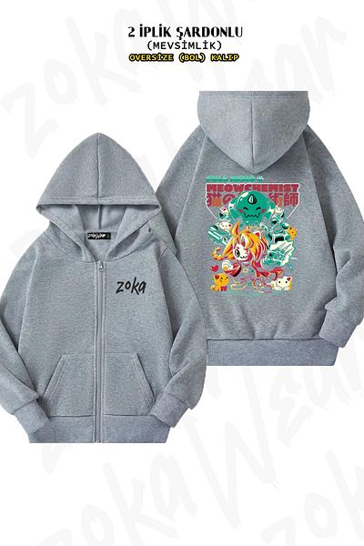 ZOKAWEAR Neko Meowchemist Oversize Grey Cardigan - Πίσω στάμπα, με φερμουάρ, με κουκούλα (2 κλωστές)