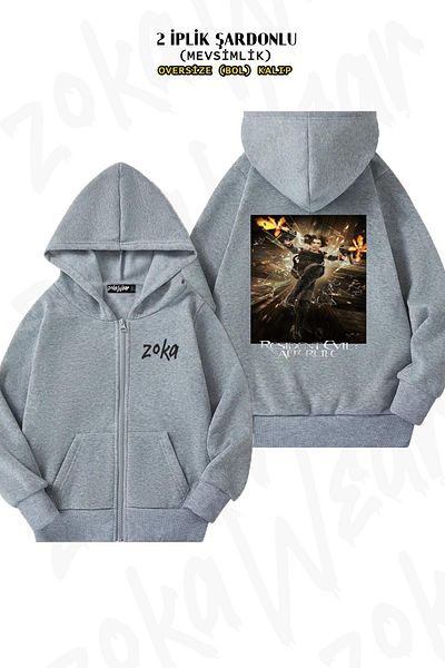 ZOKAWEAR Oversize Resident Evil Afterlife Back Printed με φερμουάρ και κουκούλα γκρι ζακέτα (2 κλωστές)