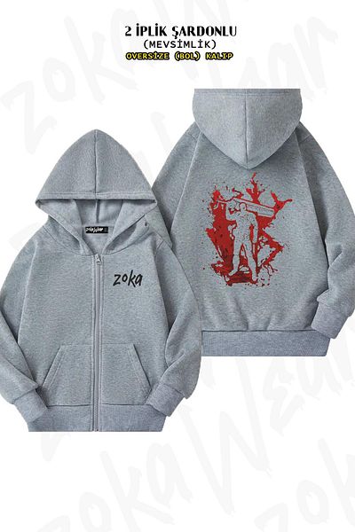 ZOKAWEAR Berserk Guts Anime Character - Γκρι ζακέτα με φερμουάρ και κουκούλα (2 κλωστές)