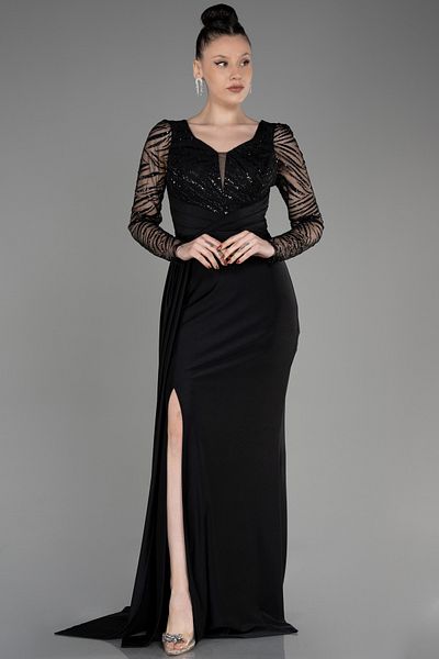 Efelif Black Silvery Long Sleeve Slit Evening Dress Abu39801