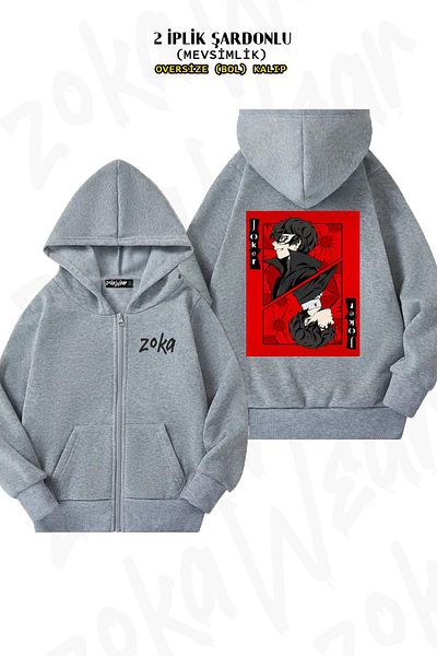 ZOKAWEAR Persona 5 Joker Card Pattern - Γκρι ζακέτα με φερμουάρ και κουκούλα (2 κλωστές)
