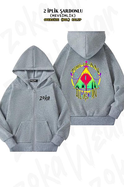 ZOKAWEAR Γκρι Oversize Time Is An Illusion Cardigan - Πίσω στάμπα, φερμουάρ και κουκούλα (2 κλωστές)