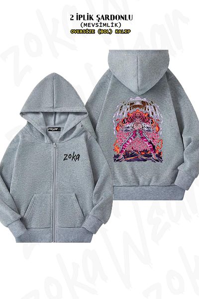 ZOKAWEAR One Piece Doflamingo Oversize Grey Cardigan - Πίσω στάμπα, φερμουάρ, κουκούλα (2 κλωστές)