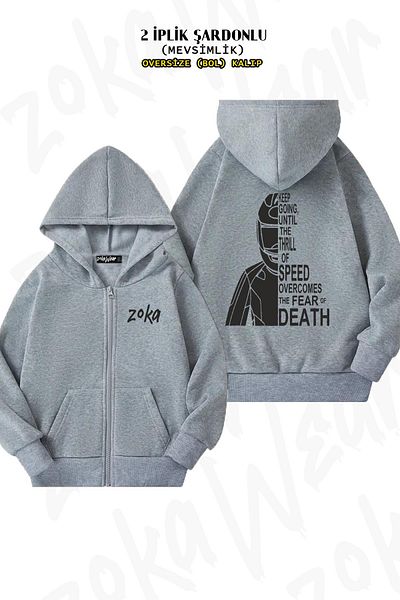 ZOKAWEAR Oversize Biker Motorcycle Back Printed Zipper Hooded Grey Cardigan (2 νήματα)