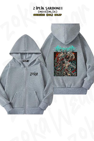 ZOKAWEAR Oversize Archspire πίσω με στάμπα με φερμουάρ και κουκούλα γκρι ζακέτα (2 κλωστές)