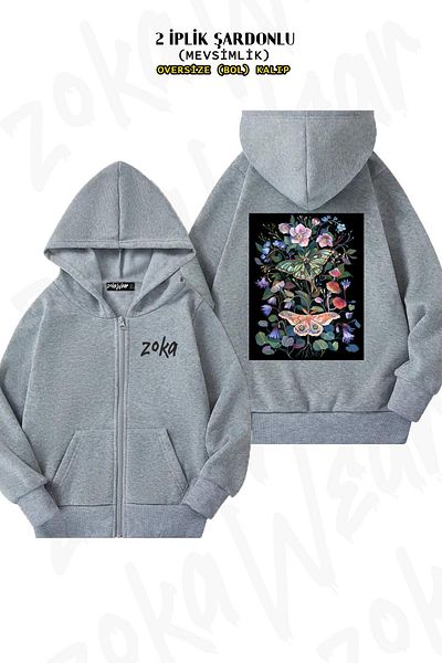 ZOKAWEAR Moon Moth Patterned - Γκρι υπερμεγέθη ζακέτα με φερμουάρ και κουκούλα (2 κλωστές)