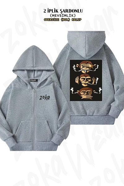 ZOKAWEAR Oversize Smoking 3 Monkeys Themed Back Printed Zippered Hooded Gray Cardigan (2 Thread)