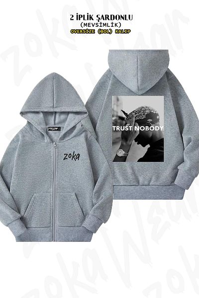 ZOKAWEAR Oversize Tupac 2 Pac Shakur Trust Nobody Back Printed Zipper Hooded Grey Cardigan (2 νήματα)